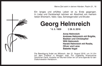 Traueranzeige von Georg Helmreich von Ansbach