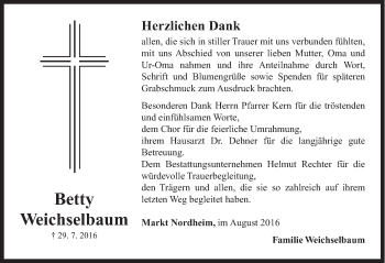 Traueranzeige von Betty Weichselbaum von Neustadt/ Scheinfeld/ Uffenheim