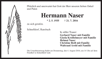 Traueranzeige von Hermann Naser von Dinkelsbühl/ Feuchtwangen