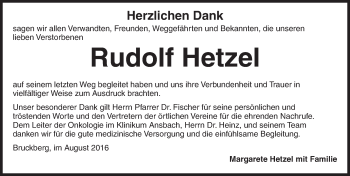 Traueranzeige von Rudolf Hetzel von Ansbach