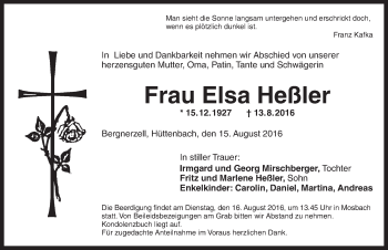 Traueranzeige von Elsa Heßler von Dinkelsbühl/ Feuchtwangen