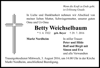 Traueranzeige von Betty Weichselbaum von Neustadt/ Scheinfeld/ Uffenheim