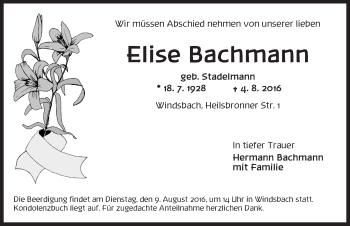 Traueranzeige von Elise Bachmann von Ansbach