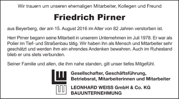 Traueranzeige von Friedrich Pirner von Dinkelsbühl/ Feuchtwangen