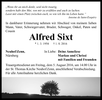 Traueranzeige von Alfred Sixt von Neustadt/ Scheinfeld/ Uffenheim