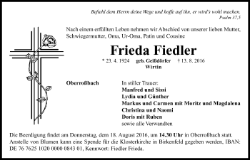 Traueranzeige von Frieda Fiedler von Neustadt/ Scheinfeld/ Uffenheim