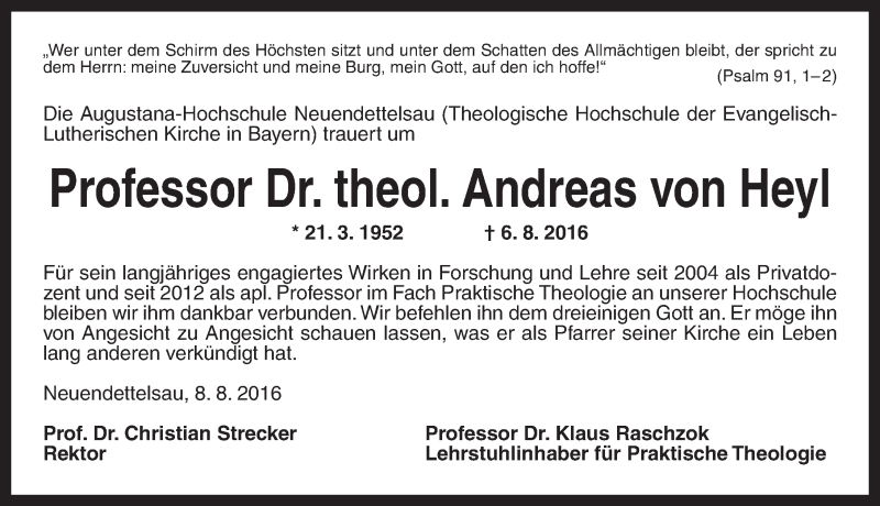  Traueranzeige für Andreas von Heyl vom 10.08.2016 aus Ansbach
