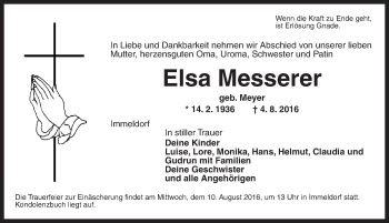 Traueranzeige von Elsa Messerer von Ansbach