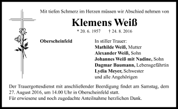 Traueranzeige von Klemens Weiß von Neustadt/ Scheinfeld/ Uffenheim