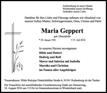 Traueranzeige von Maria Geppert von Rothenburg