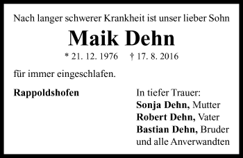 Traueranzeige von Maik Dehn von Neustadt/ Scheinfeld/ Uffenheim