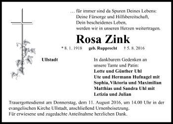 Traueranzeige von Rosa Zink von Neustadt/ Scheinfeld/ Uffenheim