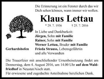 Traueranzeige von Klaus Lettau von Neustadt/ Scheinfeld/ Uffenheim