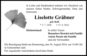 Traueranzeige von Liselotte Gräbner von Neustadt/ Scheinfeld/ Uffenheim