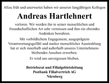 Traueranzeige von Andreas Hartlehnert von Neustadt/ Scheinfeld/ Uffenheim