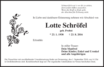 Traueranzeige von Lotte Schröfel von Dinkelsbühl/ Feuchtwangen