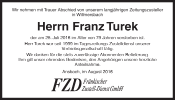 Traueranzeige von Franz Turek von Neustadt/ Scheinfeld/ Uffenheim