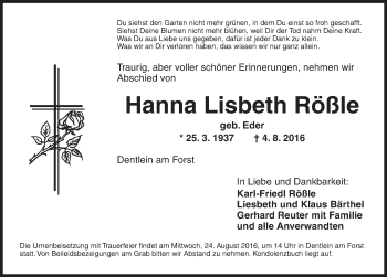 Traueranzeige von Hanna Lisbeth Rößle von Dinkelsbühl/ Feuchtwangen