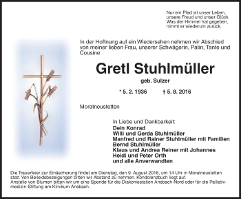 Traueranzeige von Gretl Stuhlmüller von Ansbach