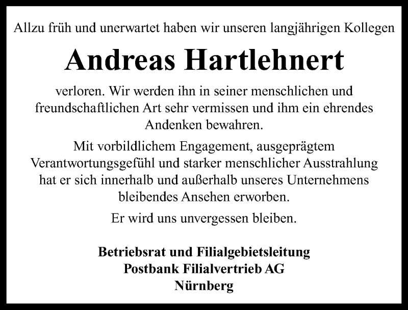  Traueranzeige für Andreas Hartlehnert vom 17.08.2016 aus Neustadt/ Scheinfeld/ Uffenheim