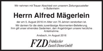 Traueranzeige von Alfred Mägerlein von Neustadt/ Scheinfeld/ Uffenheim