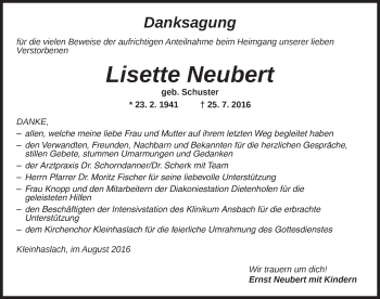 Traueranzeige von Lisette Neubert von Ansbach