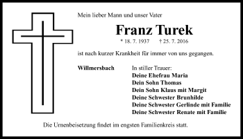 Traueranzeige von Franz Turek von Neustadt/ Scheinfeld/ Uffenheim