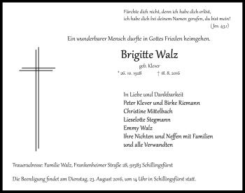 Traueranzeige von Brigitte Walz von Rothenburg