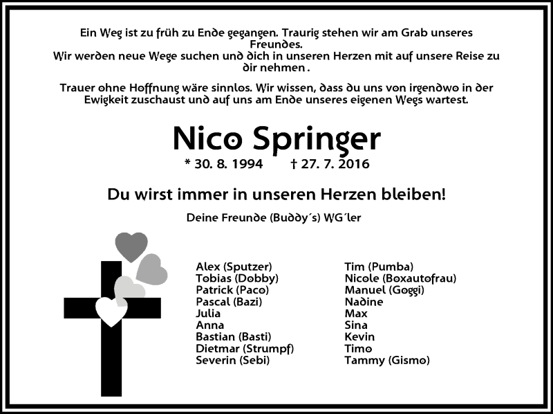  Traueranzeige für Nico Springer vom 01.08.2016 aus Dinkelsbühl/ Feuchtwangen