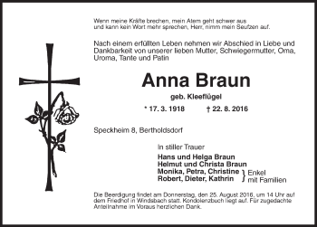 Traueranzeige von Anna Braun von Ansbach