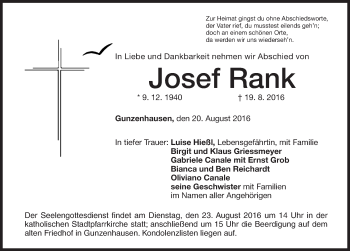 Traueranzeige von Josef Rank von Ansbach