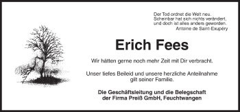 Traueranzeige von Erich Fees von Dinkelsbühl/ Feuchtwangen