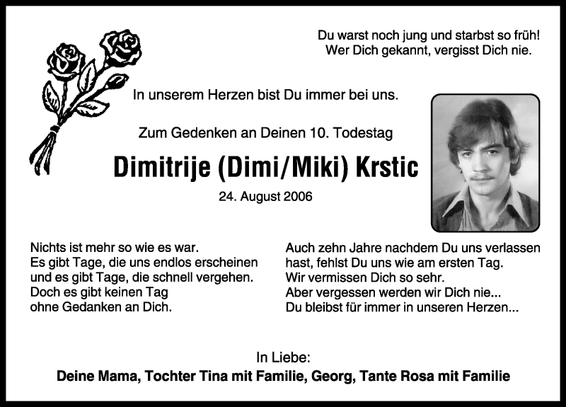 Traueranzeige für Dimitrije Krstic vom 24.08.2016 aus Rothenburg