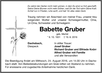 Traueranzeige von Babette Gruber von Neustadt/ Scheinfeld/ Uffenheim