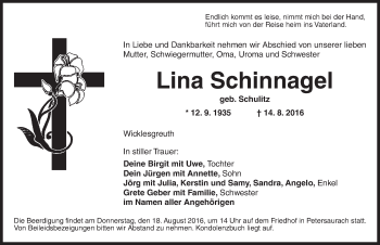 Traueranzeige von Lina Schinnagel von Ansbach