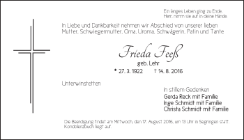 Traueranzeige von Frieda Feeß von Dinkelsbühl/ Feuchtwangen