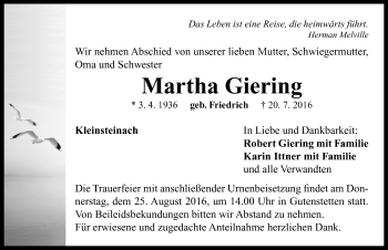 Traueranzeige von Martha Giering von Neustadt/ Scheinfeld/ Uffenheim