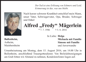 Traueranzeige von Alfred Mägerlein von Neustadt/ Scheinfeld/ Uffenheim