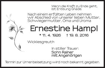 Traueranzeige von Ernestine Hampl von Ansbach