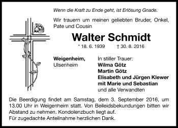 Traueranzeige von Walter Schmidt von Neustadt/ Scheinfeld/ Uffenheim