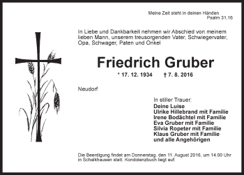 Traueranzeige von Friedrich Gruber von Ansbach