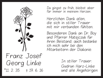 Traueranzeige von Franz Josef Georg Linke von Dinkelsbühl/ Feuchtwangen