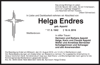 Traueranzeige von Helga Endres von Ansbach