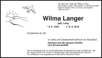 Traueranzeige von Wilma Langer von Dinkelsbühl/ Feuchtwangen