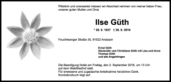 Traueranzeige von Ilse Güth von Ansbach