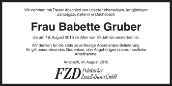 Traueranzeige von Babette Gruber von Neustadt/ Scheinfeld/ Uffenheim