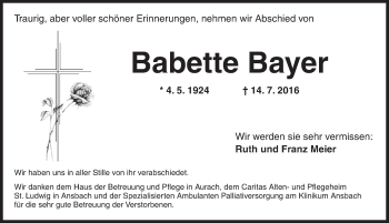 Traueranzeige von Babette Bayer von Ansbach