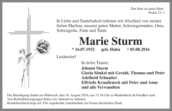 Traueranzeige von Marie Sturm von Ansbach