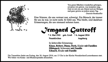 Traueranzeige von Irmgard Guttroff von Rothenburg