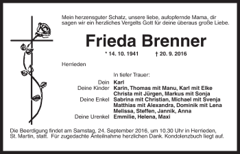 Traueranzeige von Frieda Brenner von Dinkelsbühl/ Feuchtwangen